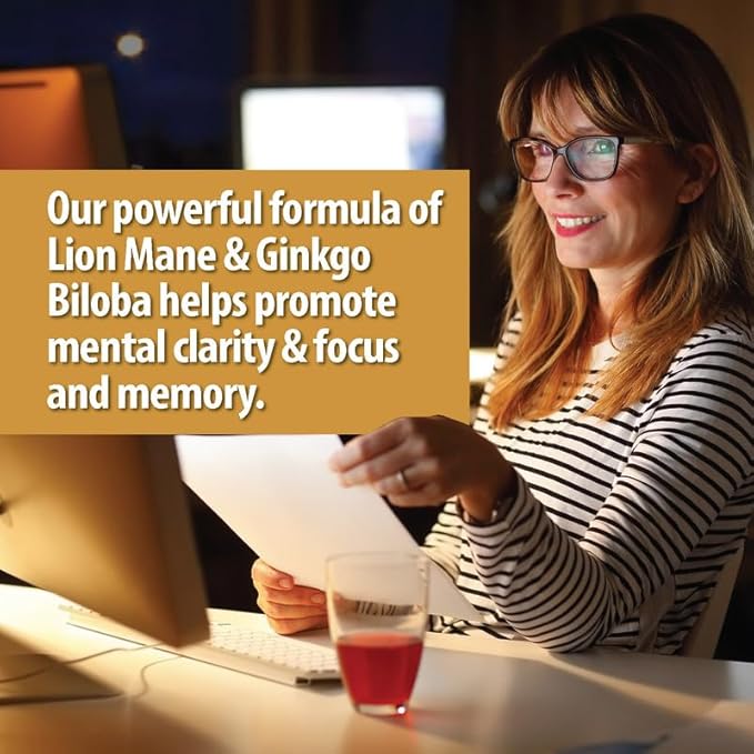 Organic Lions Mane Supplement Capsules 5400mg, Ginkgo Biloba 120mg – Vegan Lion Mane Mushroom Supplement for Cognitive Function, Mental Clarity, Focus & Memory – 2 Months