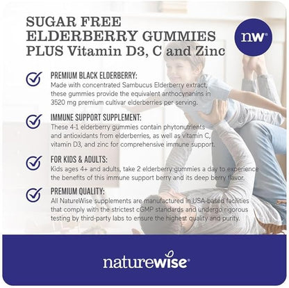 NatureWise Sambucus Elderberry Gummies - Sugar-Free - Daily Immune Support Supplement for Kids and Adults*, with Vitamin C, D3, Zinc - Vegan, Gluten Free, Non-GMO - 90 Count[45-Day Supply]