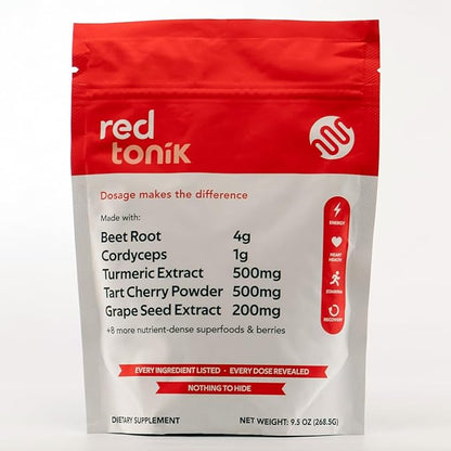 Red Tonik Superfood Powder |Beet Root |Mushroom |Turmeric |Daily Supplement with 13 Superfoods |Vitamins and Minerals |Boost Energy, Stamina |Post-Workout Recovery |Berry Flavor