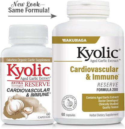 Kyolic Aged Garlic Extract Formula 200, Cardiovascular & Immune, Reserve 60 Capsules (Packaging May Vary)