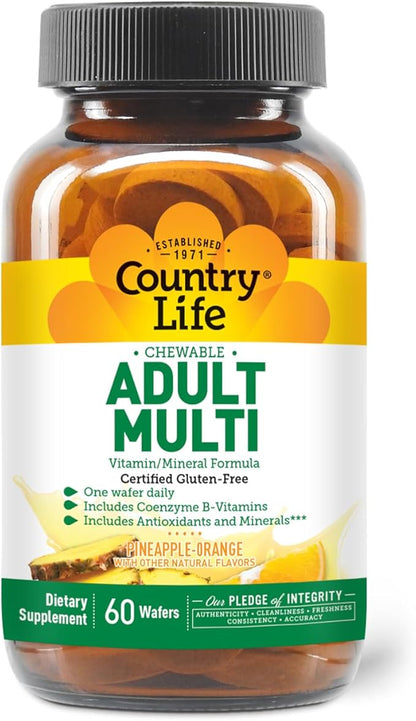 Country Life Adult Chewable Multivitamin with Coenzyme B-Vitamins, Antioxidants, Minerals, Pineapple-Orange Flavor - Supports Energy Metabolism and Immune Health, Gluten Free - 60 Wafers
