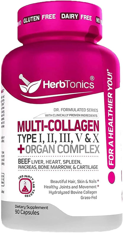 Multi Collagen Complex (Types 1 2 3 5 and 10) | Grass Fed Bone Broth Collagen Protein Peptides | Healthy Hair Skin Nails & Joint Support (with Organ Complex) | 90 Collagen Pills
