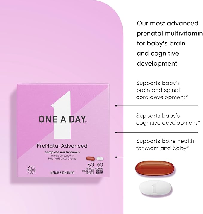 ONE A DAY Women’s Prenatal Advanced Complete Multivitamin with Brain Support* with Choline, Folic Acid, Omega-3 DHA & Iron for Pre, During & Post Pregnancy, 60+60 Ct (120 Total) (Packaging May Vary)