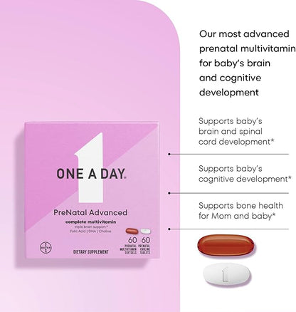 ONE A DAY Women’s Prenatal Advanced Complete Multivitamin with Brain Support* with Choline, Folic Acid, Omega-3 DHA & Iron for Pre, During & Post Pregnancy, 60+60 Ct (120 Total) (Packaging May Vary)