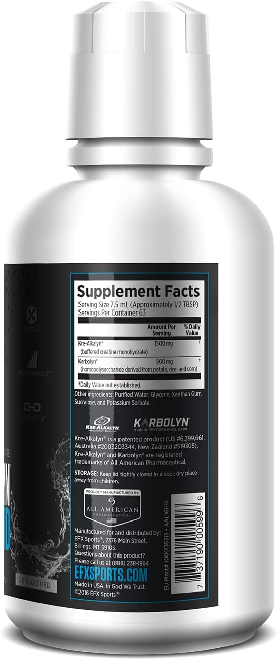 EFX Sports Kre-Alkalyn Creatine, Liquid Concentrate, PH-Correct Creatine Monohydrate, Multi-Patented Formula, Gain Strength, Build Muscle & Enhance Performance (63 Servings, Unflavored)