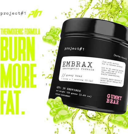 Project #1 Embrax: Thermogenic Preworkout Fat Burner Men & Women - Best Belly Fat Burners for Women & Men, L-Carnitine Supplement Pre Workout Powder for Men & Women | [30 Servings] - Gummy Bear