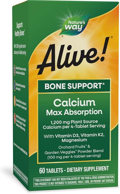 Nature's Way Alive! Calcium Max Absorption, Bone Support*, Plant Source Calcium, Vitamin D3 & K2, Magnesium, 60 Tablets (Packaging May Vary)