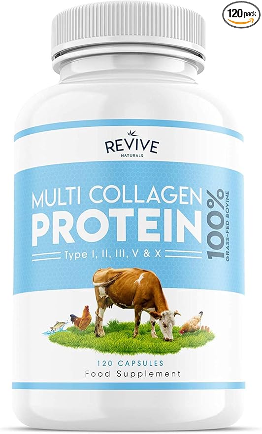 Revive Naturals Multi Collagen Protein Capsules - Types I, II, III, V & X - Hydrolysed Grass Fed Bovine, Wild Caught Marine & Free-Range Chicken, Made with Hyaluronic Acid & Vitamin C, 120 Caps