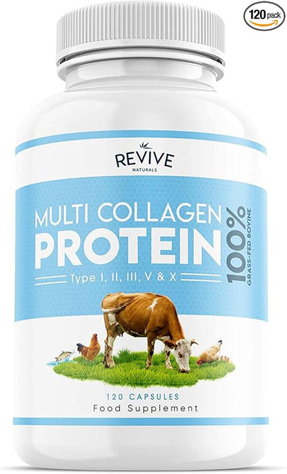 Revive Naturals Multi Collagen Protein Capsules - Types I, II, III, V & X - Hydrolysed Grass Fed Bovine, Wild Caught Marine & Free-Range Chicken, Made with Hyaluronic Acid & Vitamin C, 120 Caps