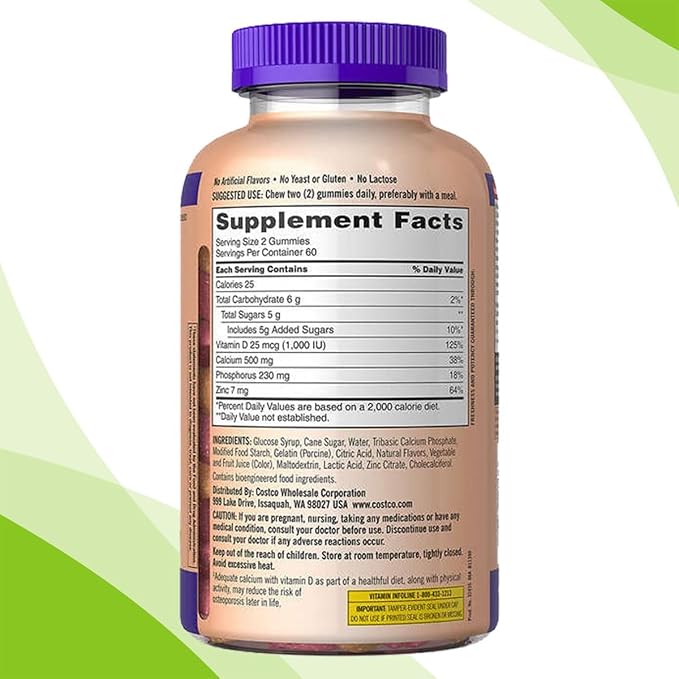 Kirkland Signature Calcium Gummies 500 mg with D3 & Zinc, Bone Health, 120 Gummies (1 Pack) Bundle with Exclusive Vitamins & Minerals - A to Z - Better Idea Guide