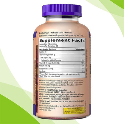 Kirkland Signature Calcium Gummies 500 mg with D3 & Zinc, Bone Health, 120 Gummies (1 Pack) Bundle with Exclusive Vitamins & Minerals - A to Z - Better Idea Guide