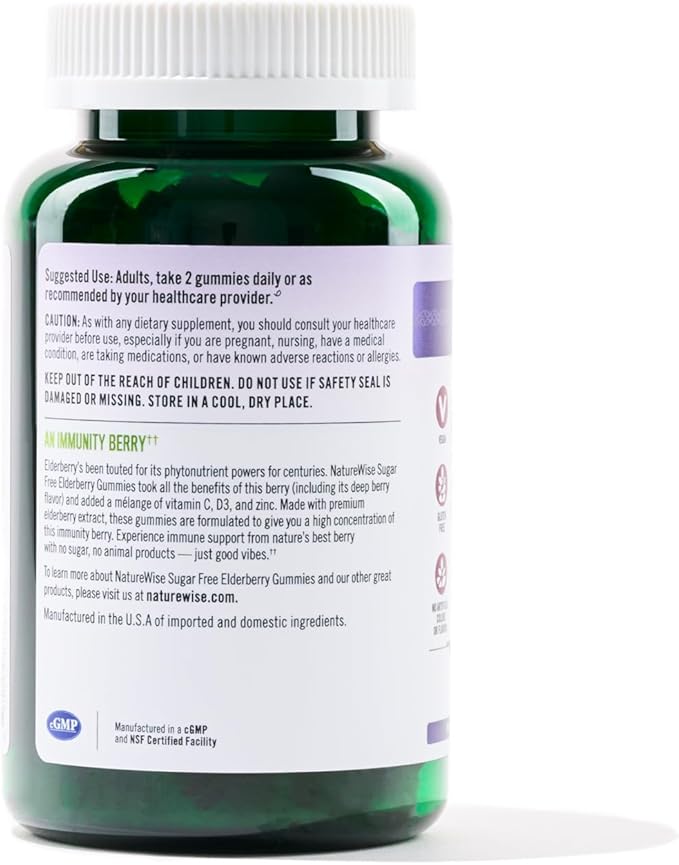 NatureWise Sambucus Elderberry Gummies - Sugar-Free - Daily Immune Support Supplement for Kids and Adults*, with Vitamin C, D3, Zinc - Vegan, Gluten Free, Non-GMO - 90 Count[45-Day Supply]