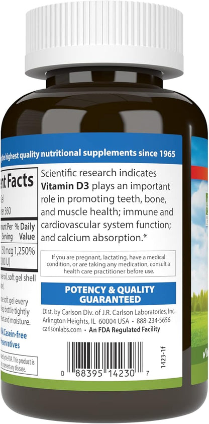 Carlson Vitamin D3 10,000 IU (250 mcg), Cholecalciferol, Bone & Immune Health, 360 Soft Gels