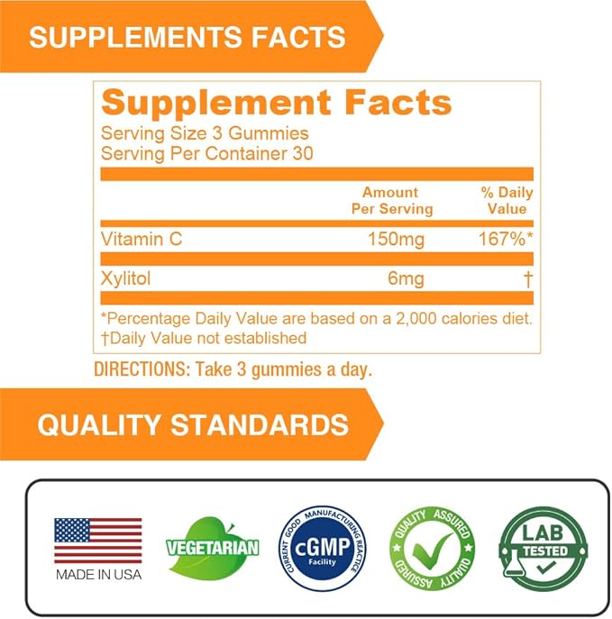 Lovita Vegan Vitamin C Gummies for Kids, Great Tasting Plant-Based Formula, Immune Function Support with Vitamin C 150mg per Daily Servings & Xylitol, Natural Orange Flavored, 90 Gummies