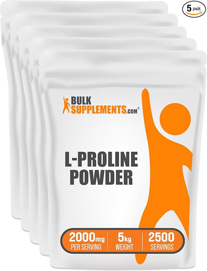 BulkSupplements.com L-Proline Powder - Amino Acid Supplement, Proline Supplements - Unflavored & Gluten Free, 2000mg per Serving, 2500 Servings, 5kg (11 lbs) (Pack of 5)