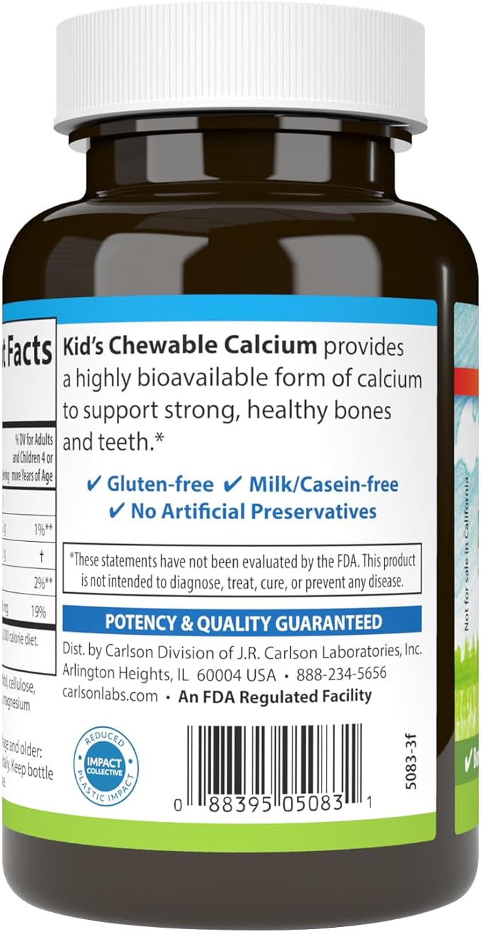 Carlson - Kid's Chewable Calcium, 250 mg, Highly Absorbable, Bone & Teeth Support, Optimal Wellness, Natural Vanilla Flavor, 60 Tablets