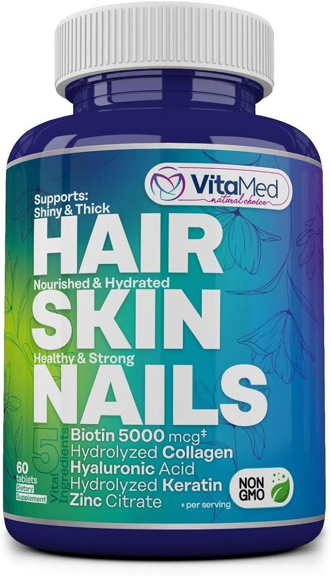 Hair Skin and Nails Vitamins - Collagen Pills for Hair Growth, Biotin 5000mcg to Strengthen Nails and Glowing Skin, Hyaluronic Acid, Vitamin C, E, B6, Keratin Hair Treatment (60)