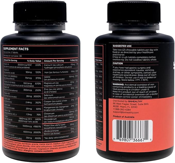 BN Chews Raspberry - Bariatric Multivitamin Chewable with 26 Essential Nutrients: Vitamins A, B6, B12, C, D3, 45 mg Iron & Calcium, Supports Men & Women Health, 60 Count, 30(60) Days Supply