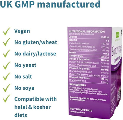 Echiomega Vegan Triple Omega 3 6 9 500 mg, Echium Seed Oil, EFA Supplement for Women with GLA, 60 Softgels