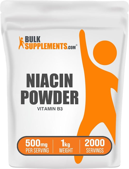 BulkSupplements.com Niacin Powder - Vitamin B3 Supplement, Niacin 500mg - Niacin Flush, Niacin with Flushing - Gluten Free, 500mg of Niacin per Serving, 1kg (2.2 lbs) (Pack of 1)