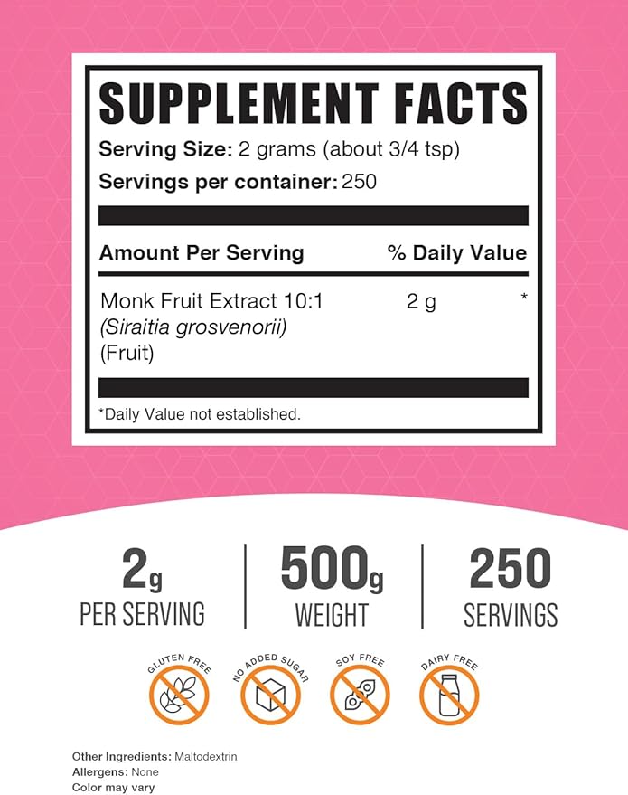 BulkSupplements.com Monk Fruit Extract Powder - Luo Han Guo Extract, Monk Fruit Without Erythritol - 250 Servings, Gluten Free, 2g per Serving, 500g (1.1 lbs) (Pack of 1)