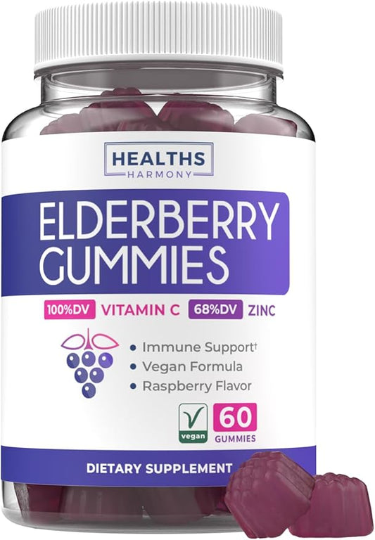 Elderberry Gummies for Adults with Vitamin C & Zinc (1 Months Supply) 60 Delicious Raspberry Flavor Gummy - Immune Support Supplement for Adults - Vegetarian Sambucus Elderberry Gummies (No Pills)