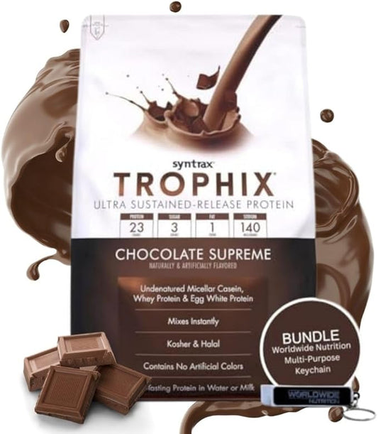 Syntrax Bundle: Trophix Undenatured Casein Protein Chocolate Supreme - Instant Mix Whey Protein & Egg White Protein Powder - 5 Pounds High Protein Powder and Worldwide Nutrition Keychain
