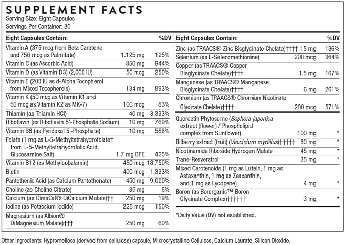 THORNE Advanced Nutrients - Multivitamin and Mineral Supplement with Nicotinamide Riboside - Foundational Support, Healthy Aging and Eye Health - Gluten-Free, Soy-Free - 240 Capsules - 30 Servings