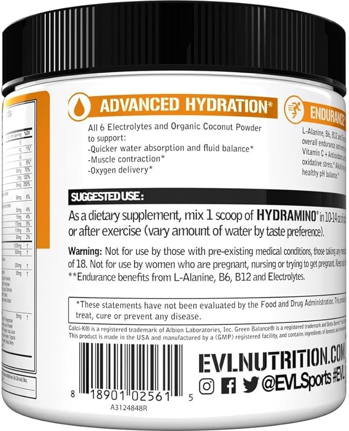 Evlution Nutrition HYDRAMINO Complete Hydration Multiplier, All 6 Electrolytes, Vitamin C & B, Fluid Boosting Aminos, Coconut Water, Endurance, Recovery, Antioxidants, 30 Serve, Orange Mango