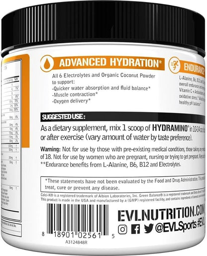 Evlution Nutrition HYDRAMINO Complete Hydration Multiplier, All 6 Electrolytes, Vitamin C & B, Fluid Boosting Aminos, Coconut Water, Endurance, Recovery, Antioxidants, 30 Serve, Orange Mango
