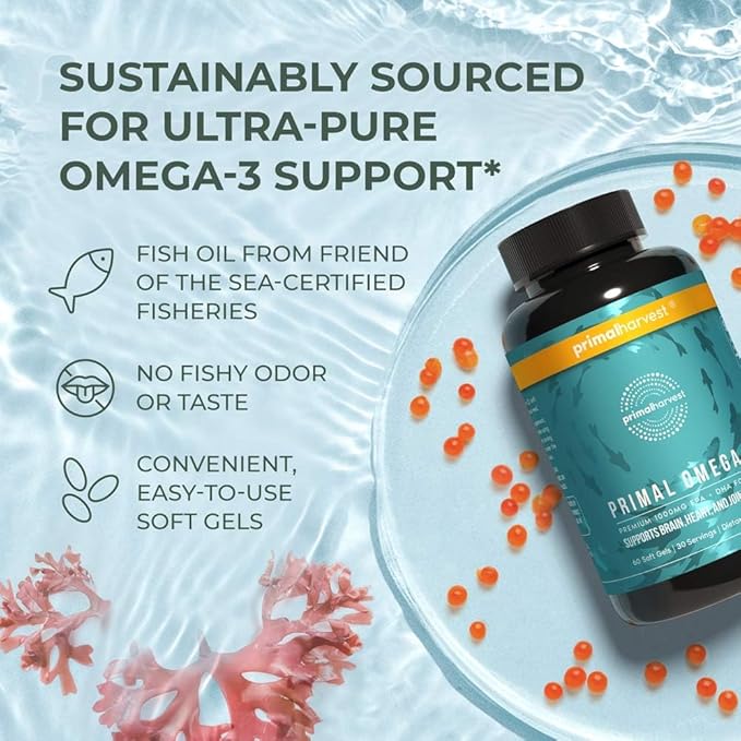 Primal Harvest Omega 3 Fish Oil Supplements, 30 Servings Soft Gels Capsules w/ 1000mg EPA + DHA Supplements, No Fishy Burps Non-GMO Omega 3 Fatty Acid