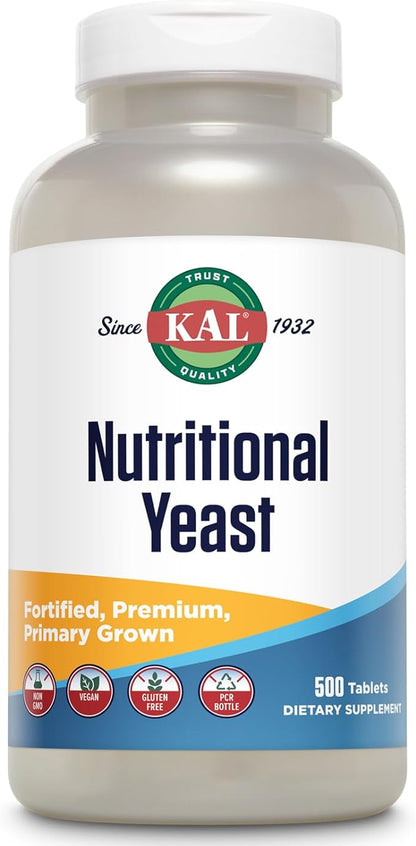 KAL Nutritional Yeast Supplement, Fortified w/ B12, Biotin, Folic Acid, Other B Vitamins, Naturally Occurring Amino Acids, Healthy Hair, Skin & Energy Support, Vegan, Gluten Free, 83 Serv, 500 Tablets