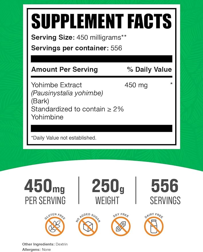 BulkSupplements.com Yohimbe Extract Powder - Yohimbe Bark Extract, Yohimbe Supplements, Yohimbe Bark Powder - Herbal Supplement, Gluten Free, 450mg per Serving, 250g (8.8 oz) (Pack of 1)