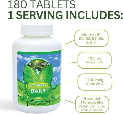 Youngevity Ultimate Daily Mega Multivitamin - 20+ Vitamins and Minerals w/ CoQ10 - Vitamins A, C, D, E, Zinc, Folate, Selenium, Calcium, Chromium, and More - High Absorption -180 Tablets (Pack of 1)