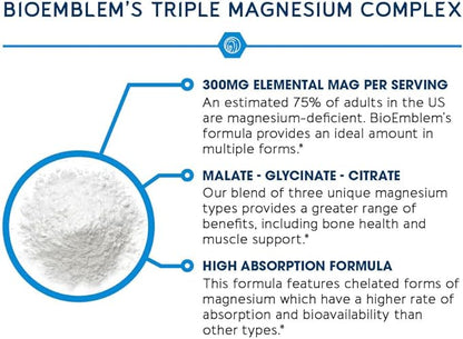BioEmblem Triple Magnesium Complex | 300mg of Magnesium Glycinate, Malate, & Citrate for Muscles, Nerves, & Energy | High Absorption | Vegan, Non-GMO | 90 Capsules
