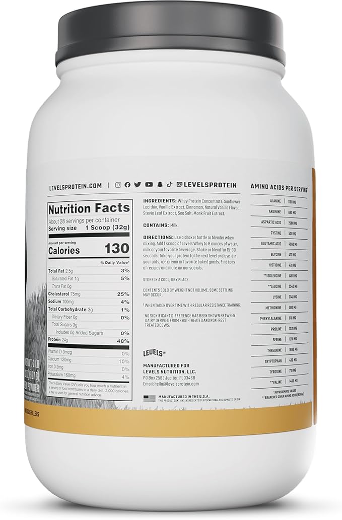 Levels Grass Fed Whey Protein Powder, No Artificials, 24G of Protein, Vanilla Cinnamon, 2LB