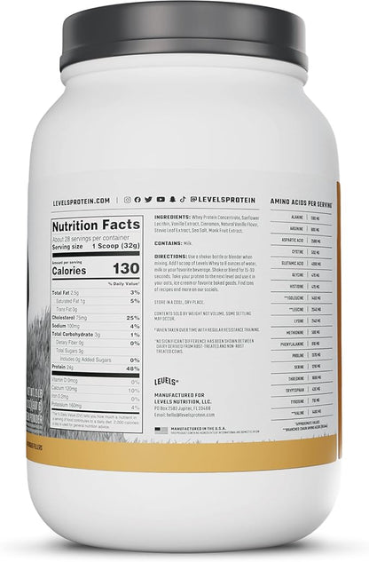 Levels Grass Fed Whey Protein Powder, No Artificials, 24G of Protein, Vanilla Cinnamon, 2LB