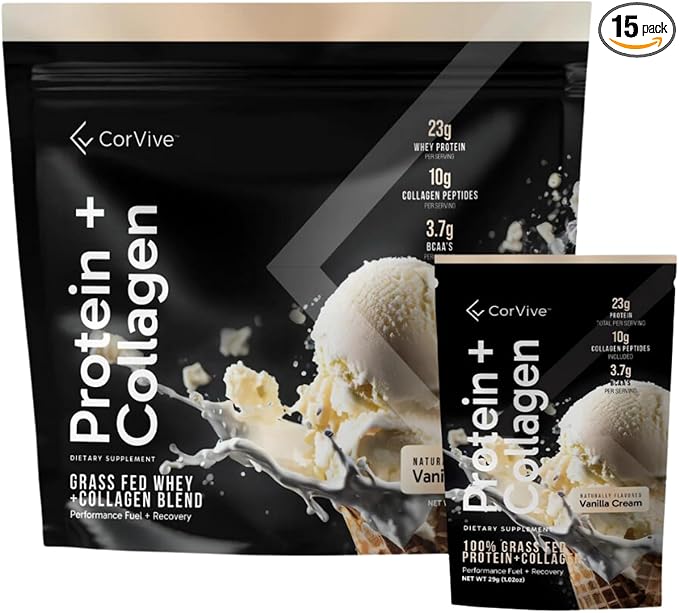 Protein + Collagen Powder | 23g Protein (Grass-Fed Whey + Collagen) | 3.7g BCAAs | Supports Muscle & Joint Health | Gluten & Soy Free | No Artificial Ingredients | 15 Sachets - Vanilla