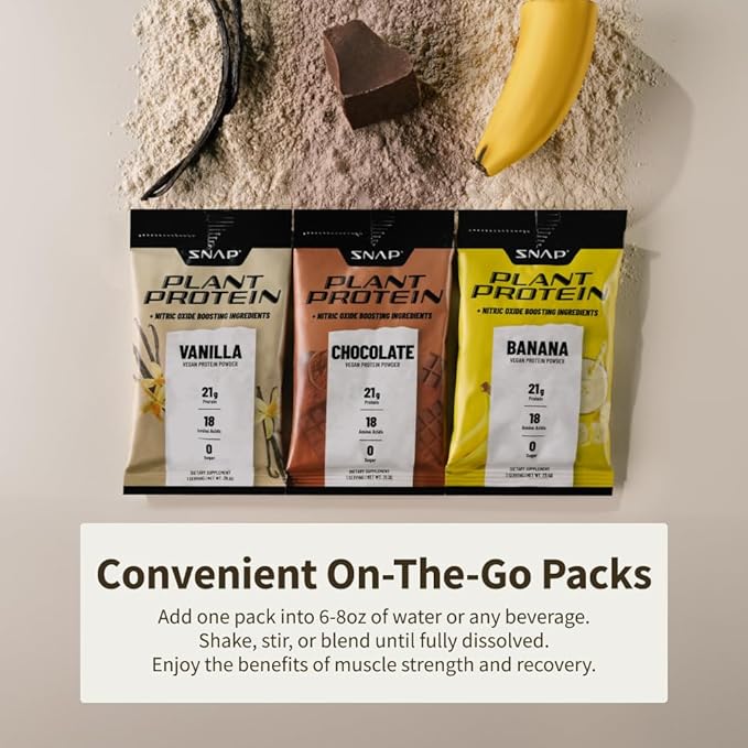 Snap Supplements 100% Plant Based Protein Powder Stick Packs with Nitric Oxide Booster (10 Pack, Variety Pack)