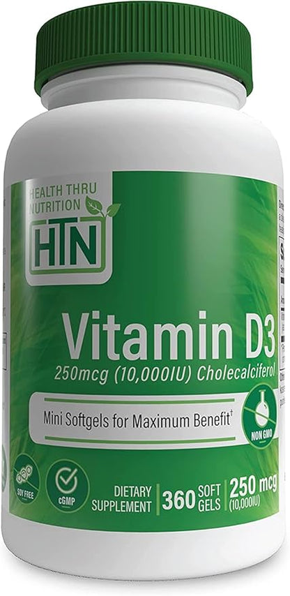 Health Thru Nutrition Vitamin D3 10,000iu 360 Mini Softgels for Maximum Benefit Year Supply | 250mcg Cholecalciferol | 3rd Party Tested | Non-GMO USP Grade in Organic EVOO | Immune Health Support