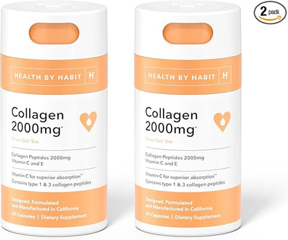 Health by Habit Collagen Supplement 2 Pack (120 Capsules) - Vitamin C & Vitamin E, 2000mg, Collagen Peptides, Superior Absorption, Support Your Skin, Non-GMO, Sugar Free (2 Pack)