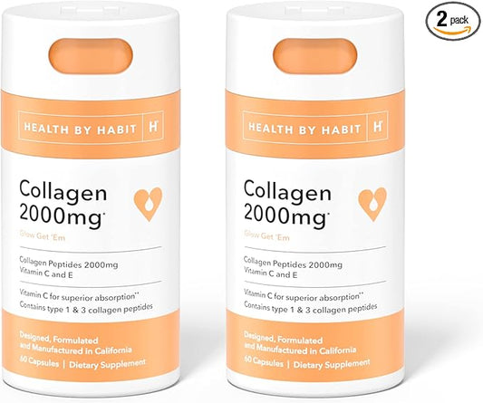 Health by Habit Collagen Supplement 2 Pack (120 Capsules) - Vitamin C & Vitamin E, 2000mg, Collagen Peptides, Superior Absorption, Support Your Skin, Non-GMO, Sugar Free (2 Pack)