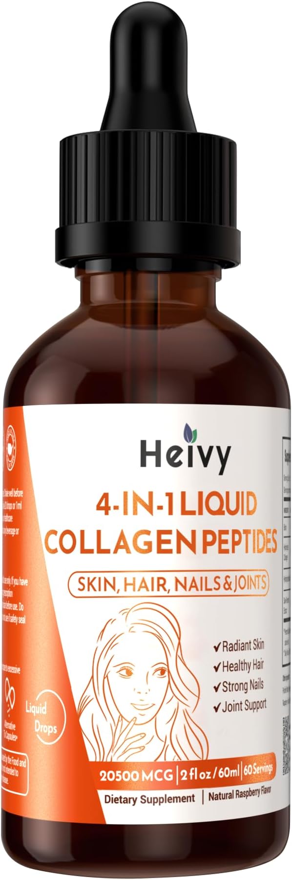 Liquid Collagen for Women, Collagen Peptides with Biotin, 4-in-1 for Radiant Skin, Healthy Hair, Strong Nails, Joint Support, Liquid Collagen Drops, Raspberry Flavor- 2 fl oz