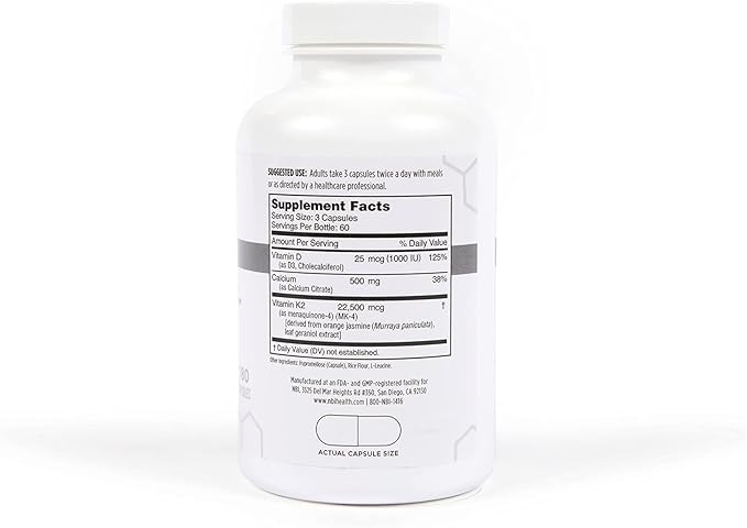 NBI Osteo-K Bone Support | Vitamin D & K Complex with Calcium Citrate Supplement | 45mg Vitamin K2 (MK4) for Strong Bone Health & Function | 180ct Veggie Capsules