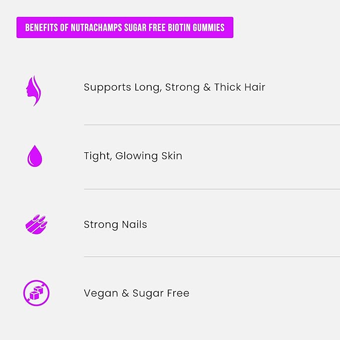 NutraChamps Sugar Free Biotin Gummies 10000mcg [High Potency] - Healthy Hair, Skin & Nails for Women, Men & Kids - 5000mcg in Each Gummy - Vegan, Non-GMO, Hair Health Vitamins Supplement - Raspberry