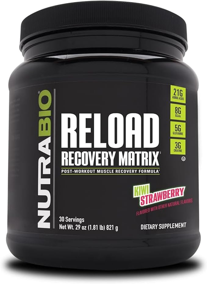 NutraBio Reload - Powerful Muscular Recovery Formula - Post-Workout Supplement - 3G Creatine - 8G BCAAs - 5G Glutamine - 30 Servings, Kiwi Strawberry