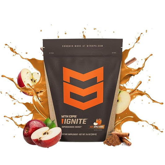 MTN OPS Hot Ignite Supercharged Energy Drink Mix Focus Enhancer, Apple Cider, Bag (30 Servings)