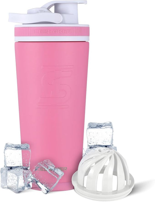 Ice Shaker Insulated Stainless Steel Shaker Bottle | 26oz, Pink | Cold for 30+ Hours | Insulated Cup with Twist-on Agitator | Odor-Free Shaker Cup for Protein Shakes, Water, Smoothies, Cocktails
