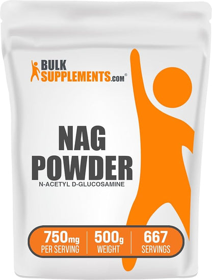 BulkSupplements.com N-Acetyl Glucosamine Powder - NAG Powder, Glucosamine 750mg, Glucosamine Supplement - Glucosamine Powder, Gluten Free, 750mg of per Serving, 500g (1.1 lbs) (Pack of 1)
