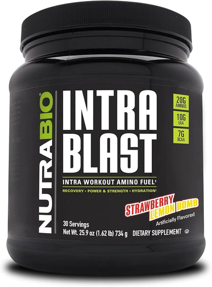 NutraBio Intra Blast BCAA EAA Electrolyte and Hydration Powder - Amino Acid Supplement, EAA/BCAA Powder - Non-GMO and Gluten Free - Strawberry Lemon Bomb - 30 Servings